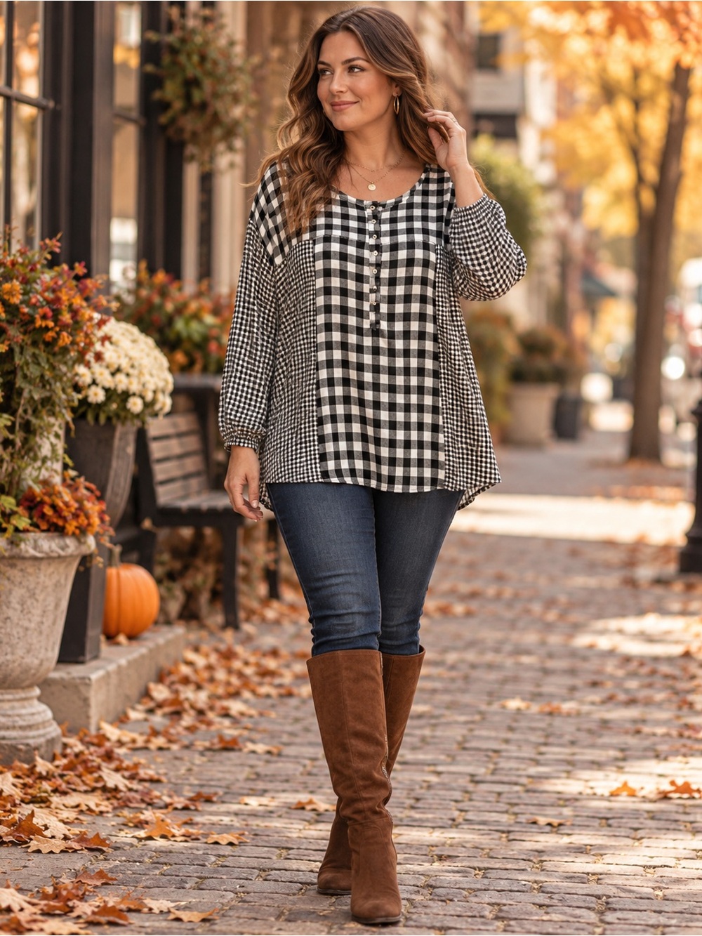 JANE + DELANCEY Black White Gingham Check Flowy Henley Top XL